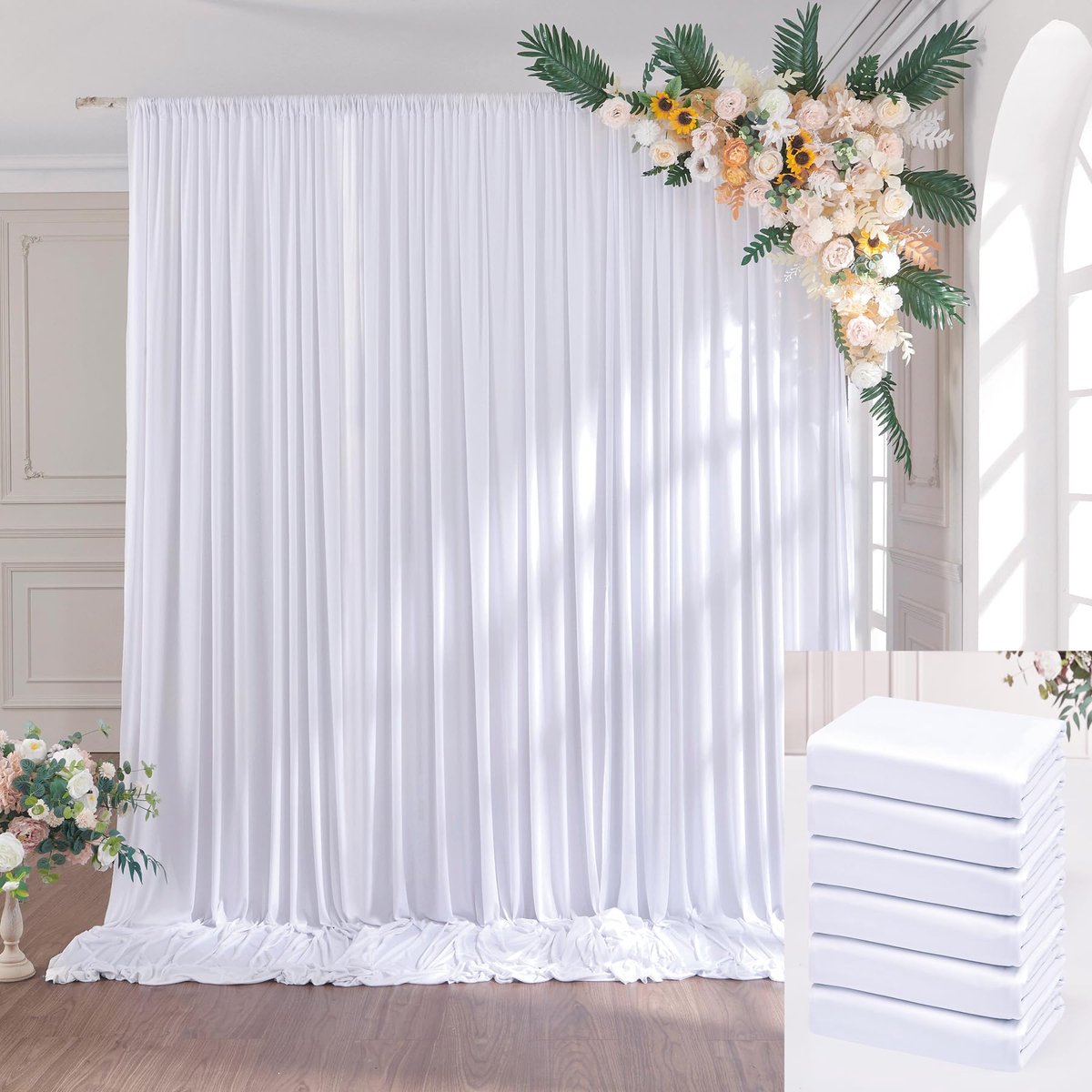 Gordijn, 6 panelen 1,5 x 3 m kreukvrij zacht zijdeachtig wit fotowand achtergrond gordijnen decoratie feest verjaardag babyshower fotografie achtergronden thuis