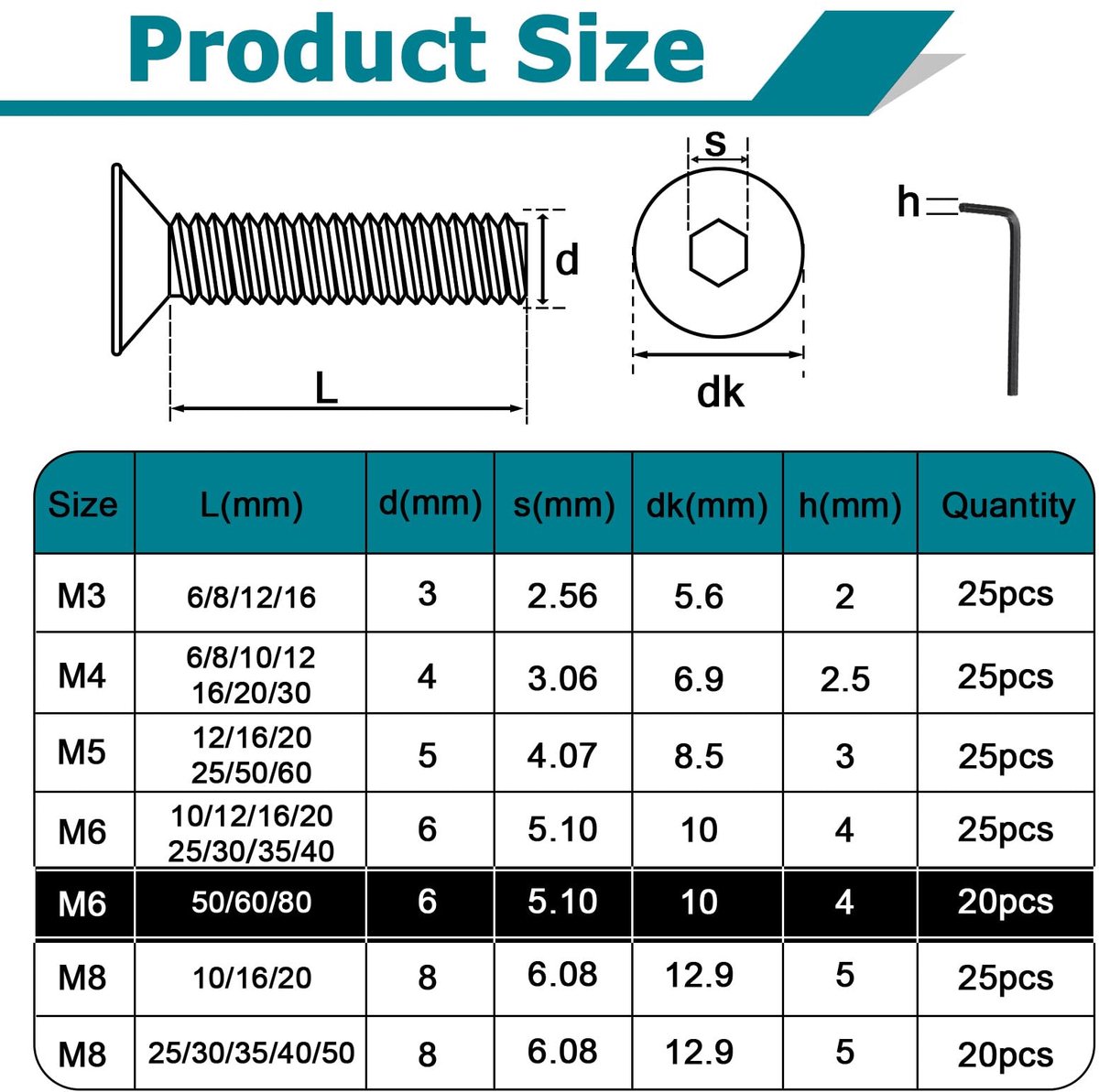 20 stuks M6 x 50 mm verzonken schroeven met binnenzeskant van koolstofstaal, zwart, zeskantschroeven volgens DIN 7991 / ISO 10642 voor mechanische meubels