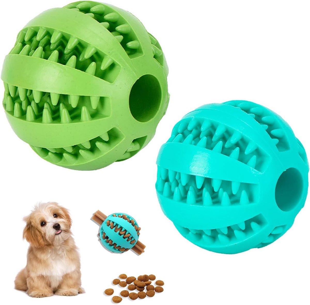 Duurzame en interactieve hondenspeeltjes voor tandreiniging, flexibele ballen ter voorkoming van tandplak, set van 2 in blauw en groen