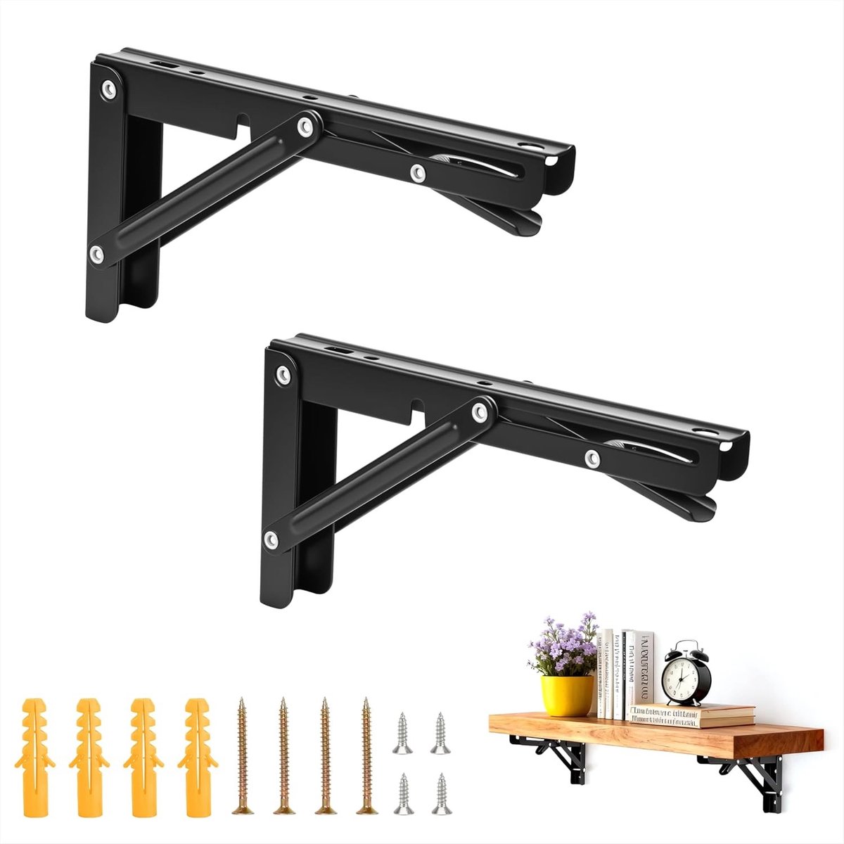 Opvouwbare Metalen Planken 190 mm Wandbevestiging Ruimtebesparend voor Werkbank, Keuken en Garage - Set van 2 Zwart