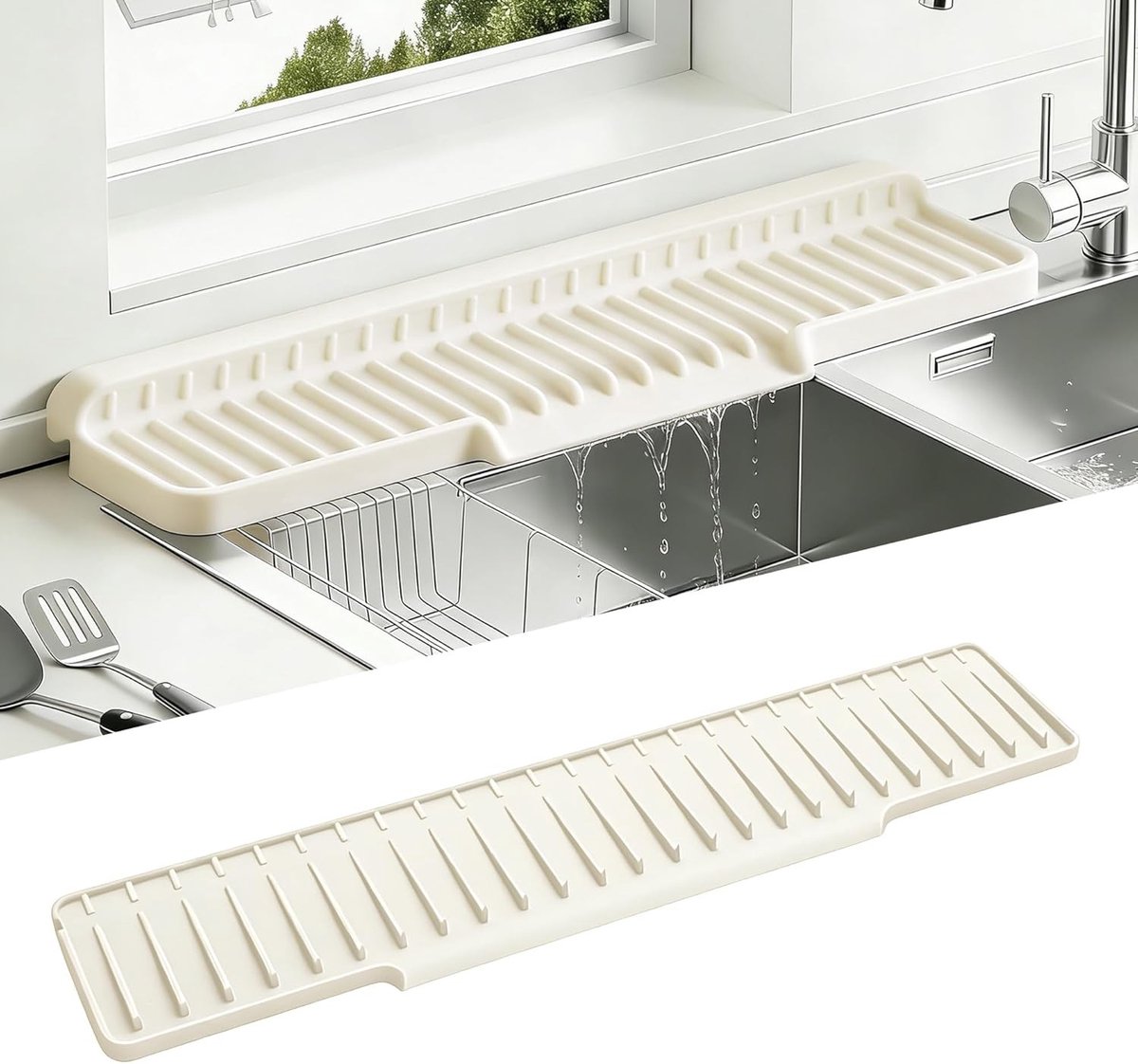 Vouwbare Siliconen Afvoer Mat voor Keuken en Badkamer - Splash Guard Bescherming, Drainerende Ondergrond, Smalle Lange Wasbakbeschermer (Beige, 60 x 12 cm)