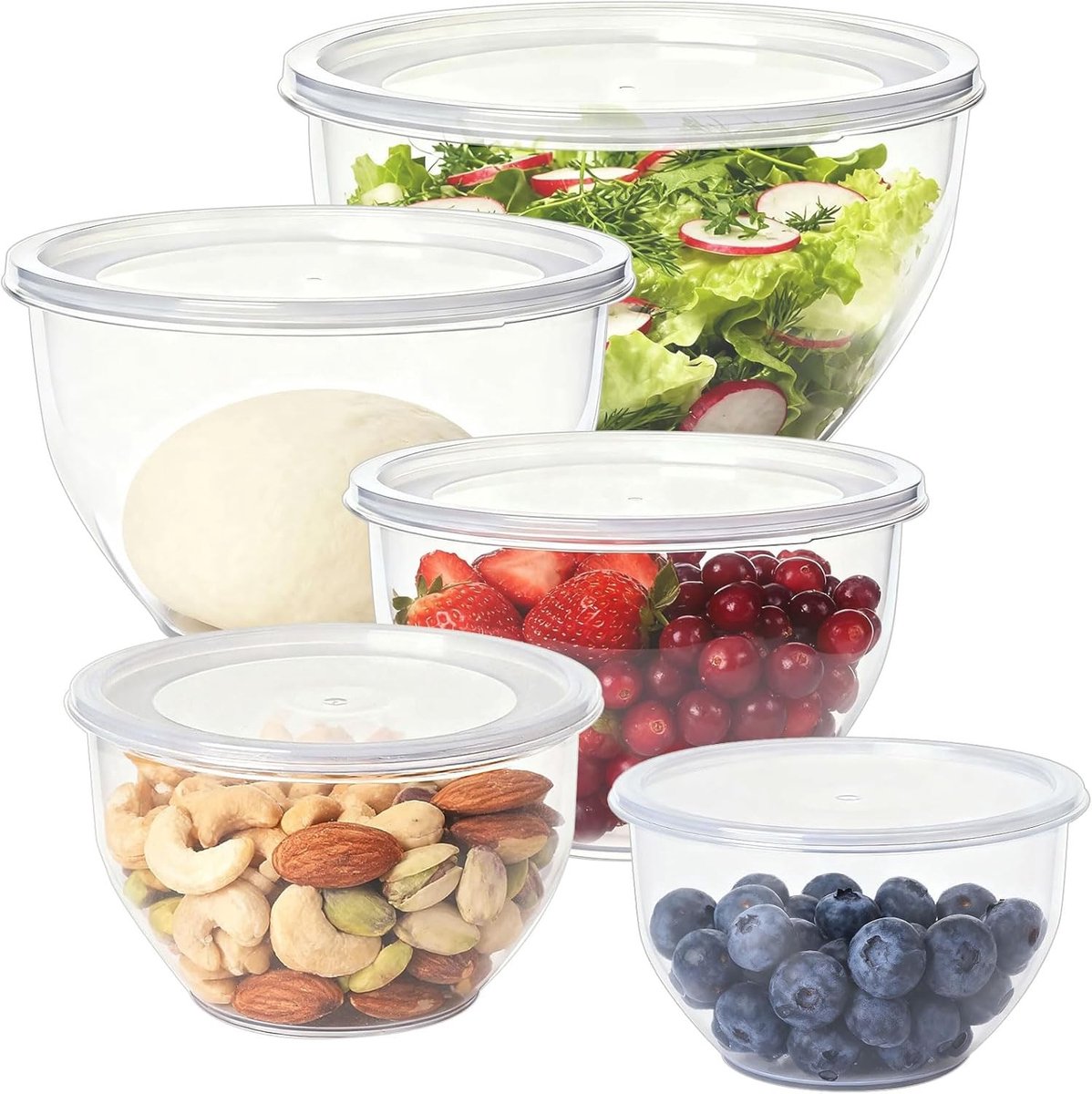 Saladekom met Deksel, Set van Stapelbare Mengkommen van Plastic, Ideaal voor Mixen en Serveren, Transparant en Ruim