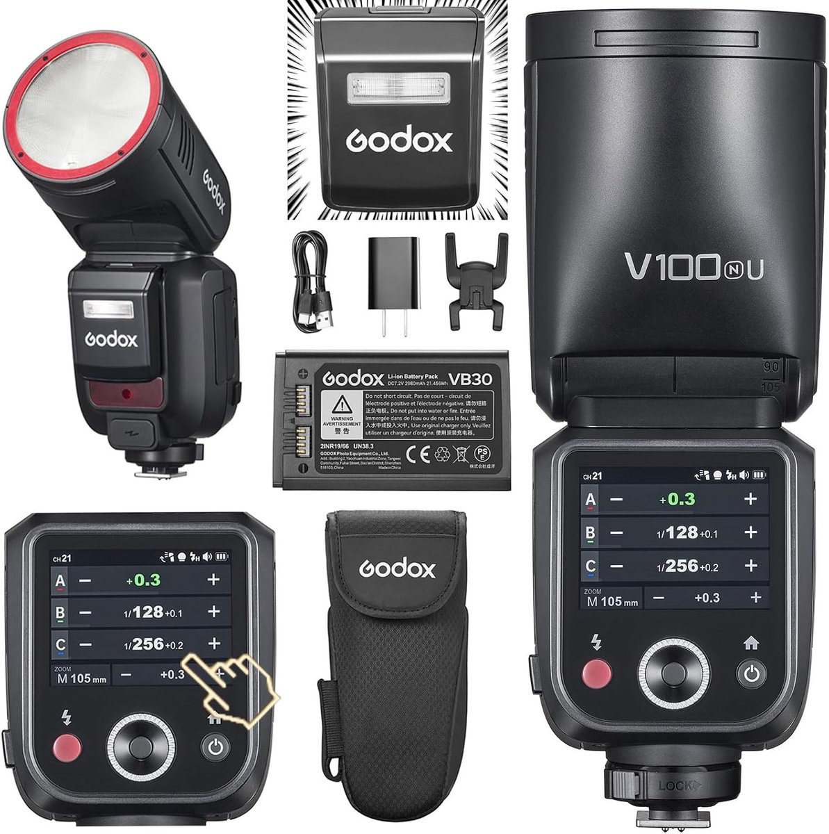 Ronde Kop Flitser met Aanraakscherm, 100Ws Global Shutter en HSS voor Nikon Camera's, Inclusief Lithium Batterij en LED Modelleringslamp