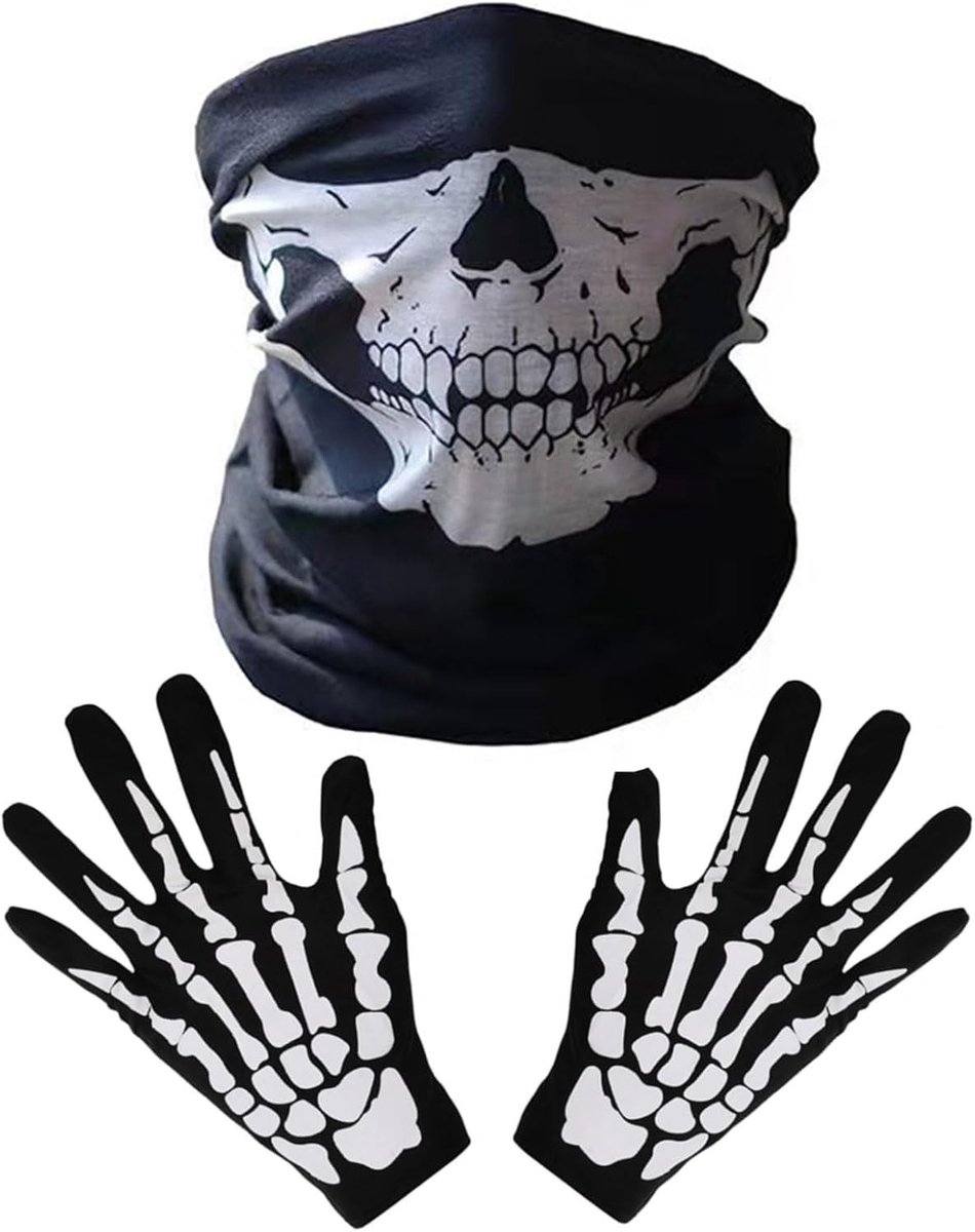 Skelet Handschoenen en Schedel Gezichtsmasker voor Volwassenen Halloween Kostuum Feest, Zwart-Wit, 2 Maten, Spooky Accessoires