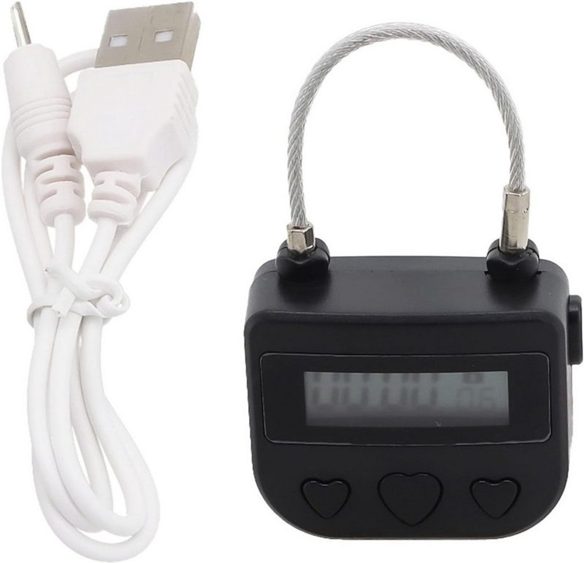 Elektronisch tijdslot, oplaadbaar via USB, zwart model.