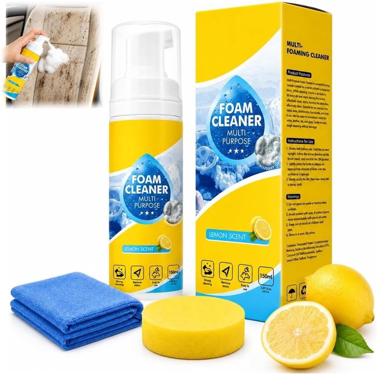 Schuimreiniger - 150 ml - Actieve Schuim voor Autobekleding, Tapijt en Meubels - Reinigt zonder Water - Voor Voertuigverzorging