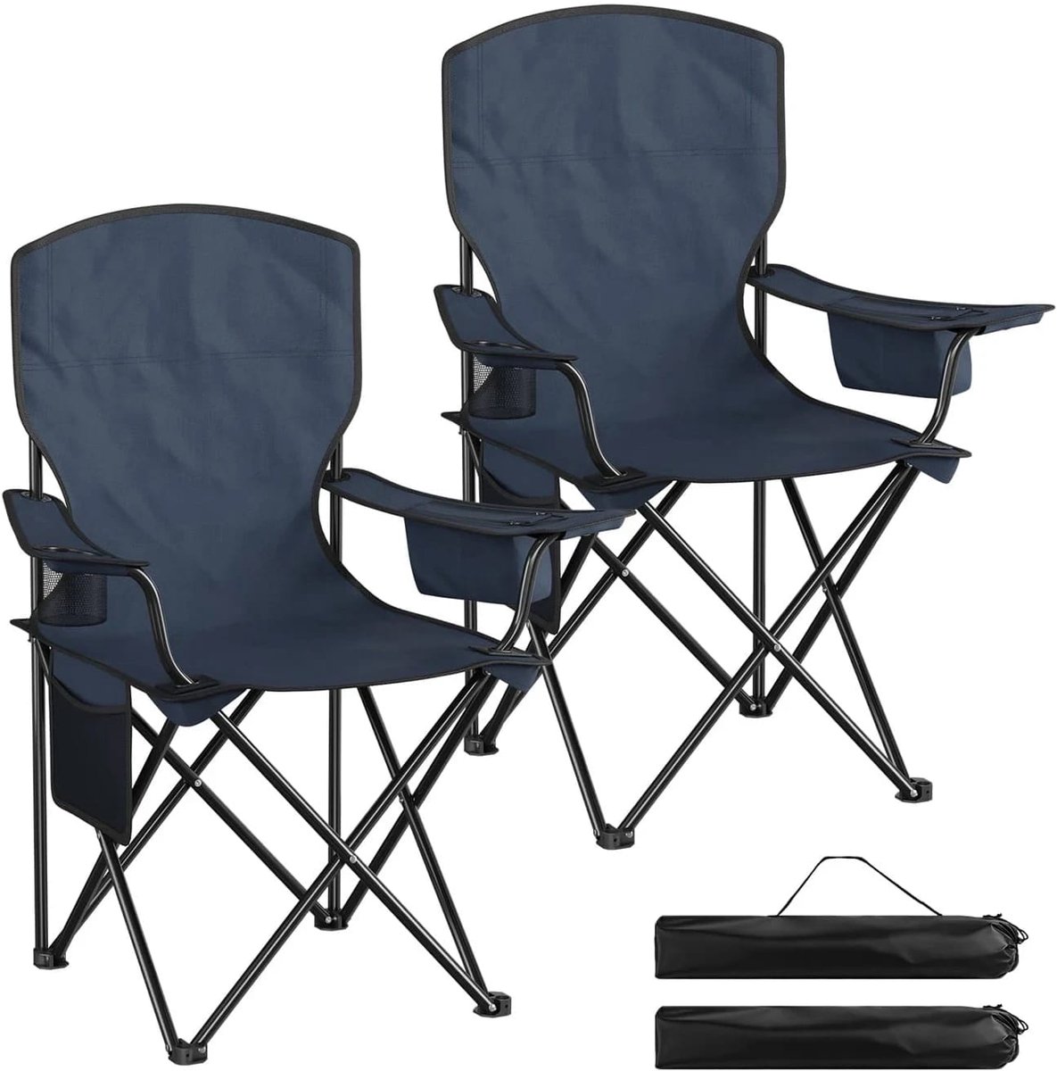 Klarven® Campingstoel Navy blauw - Opvouwbaar, Set van 2, Lichtgewicht met Bekerhouder en Draagtas - Stabiel tot 120 kg, Antislip Poten - B 48 x D 82 x H 78,5 cm