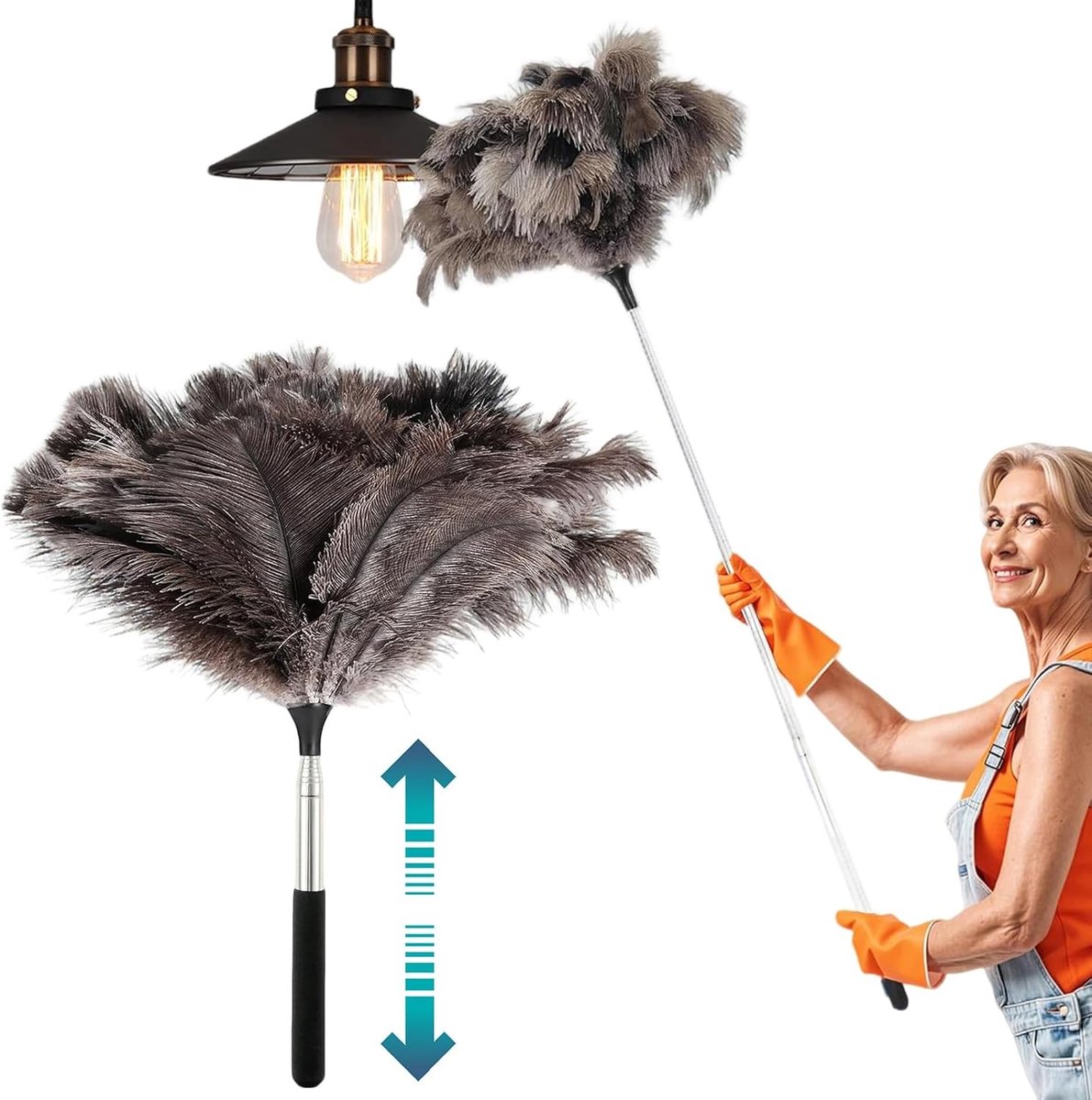 Langwerpige telescopische stofdoek voor grondige reiniging, wasbaar met struisvogelveren, ideaal voor huis, auto en kantoor, perfect tegen spinnenwebben