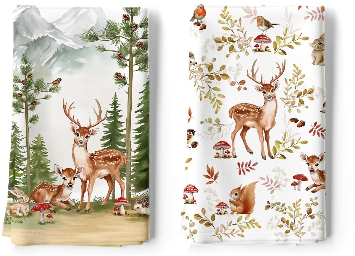 Theedoeken set van 2 - 100% katoen - Woodland herten - ideaal voor de keuken - ShopVlot
