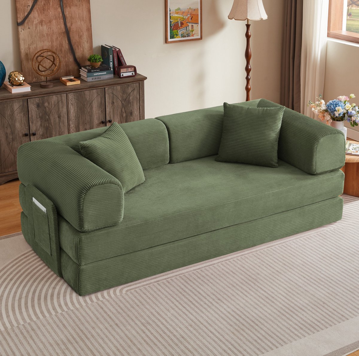 DESMIU Slaapbank 204 Cm - Opklapbaar Tot Bed Met 2 Kussens En Stalen Frame - Voor Woonkamer En Slaapkamer - Ribstof - Groen