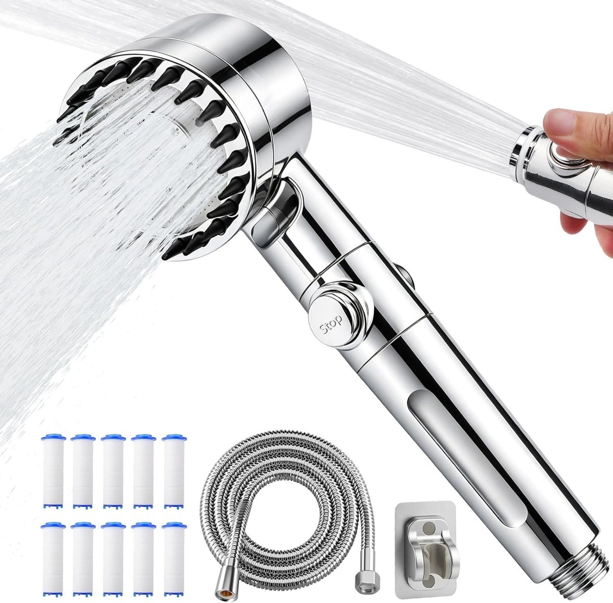 Hoogwaardige Handdouche met 10 Filters en 1.5 m Waterleiding, Ideaal tegen Hard Water, Chloor en Bacteriën