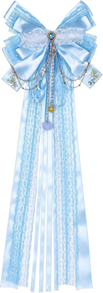 Strik voor schooltas meisjes met blauwe vlinderdecoratie, ideaal voor snoepzakjes en feestelijke eerste schooldag, glans-look en eenvoudig aan te brengen