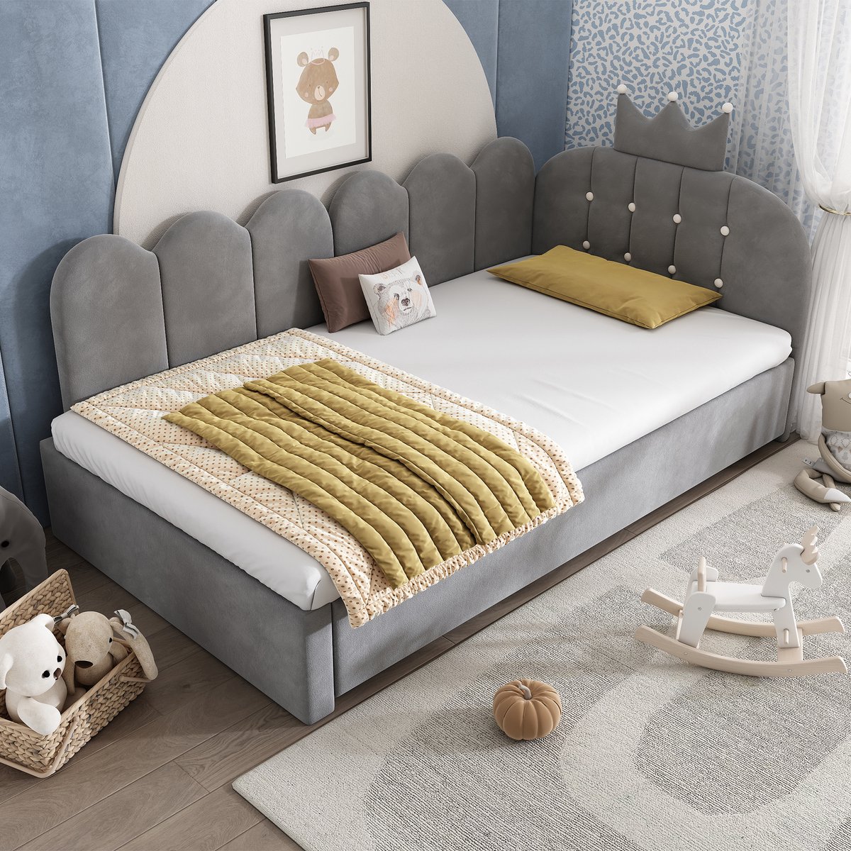 Wishdor Bedbank 90x200 cm - Met uitschuifbed 90x190 cm - L-vormig design - Kronen- en rasterdetail - Voor kinderkamer en logeerkamer - Stof en metaal - Grijs