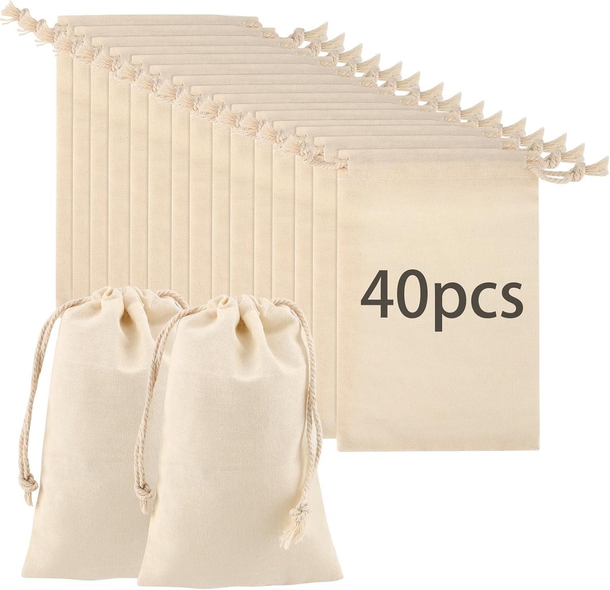 40 Stuks Natuurlijke Katoenen Muslin Tassen, Mini Trekkoord Tassen voor Cadeaus, Bruiloften en Feesten, Off-White, 10 x 15 cm
