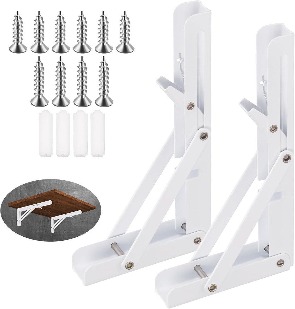 Set van 2 opvouwbare wandplankhouders van staal, zwaar belastbaar, inclusief schroeven en ankers voor DIY-projecten, max. belasting 75 kg