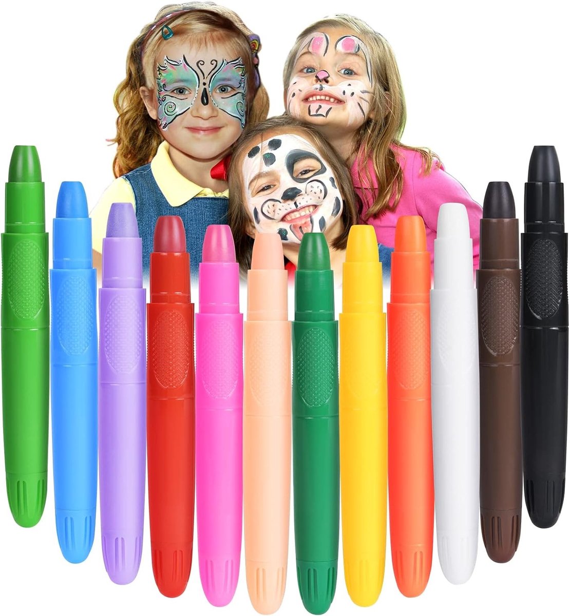 Kleurrijke Gezichtsverf voor Kinderen, 12 Stuks Wasbare Crayons voor Feestjes, Veilig en Niet-Toxisch voor Halloween, Cosplay en Kerstmis