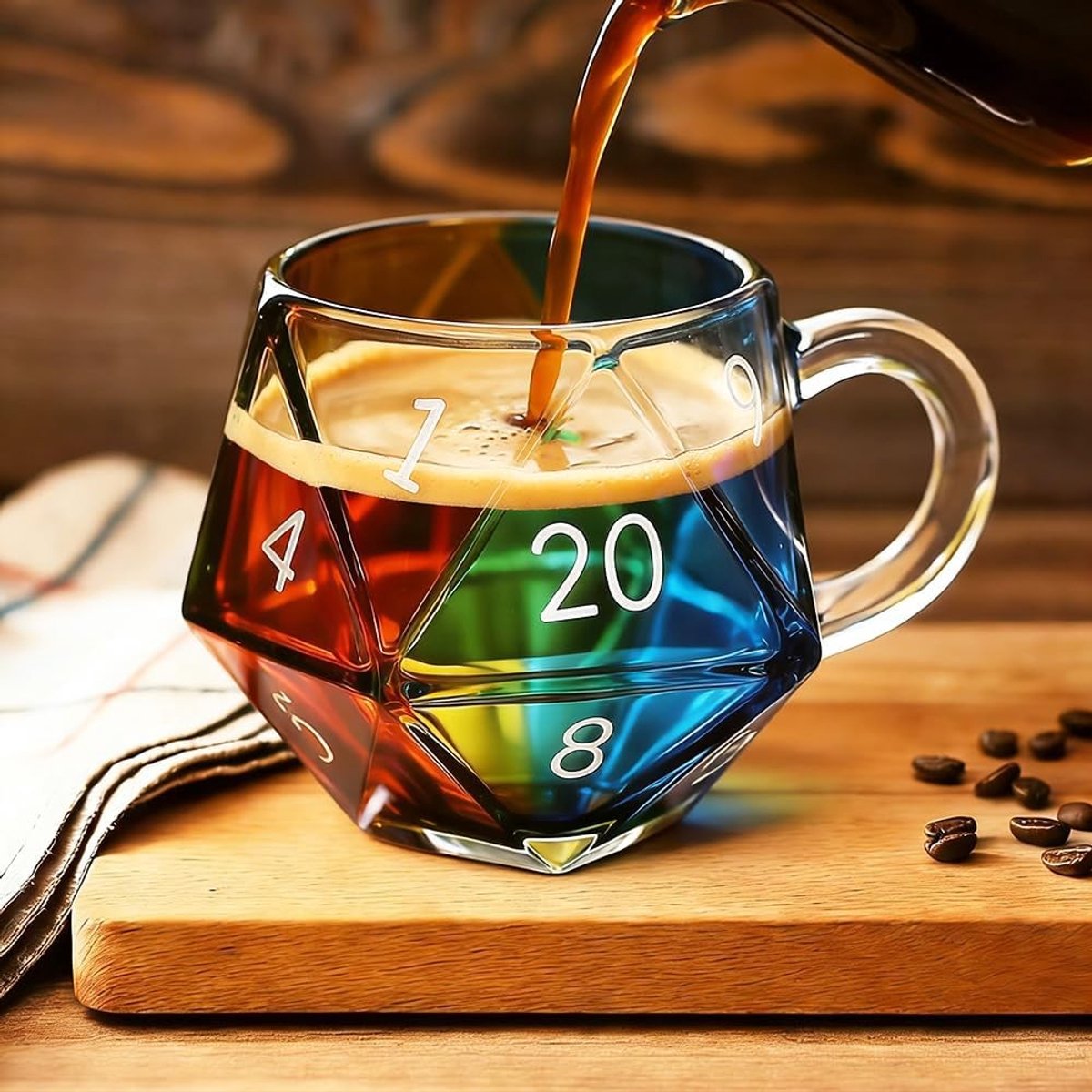 Koffiemok met Polyhedrale Dobbelstenen, D20 Design, Perfect voor RPG Fans, Cadeau voor Mannen en Vader, Kleurrijke en Grappige Mok