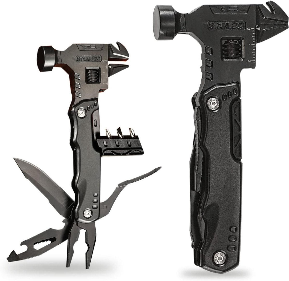 Multifunctionele 16-in-1 Multitool met Hamer en Opbergtas voor Kamperen en EDC, Zwart Roestvrij Staal