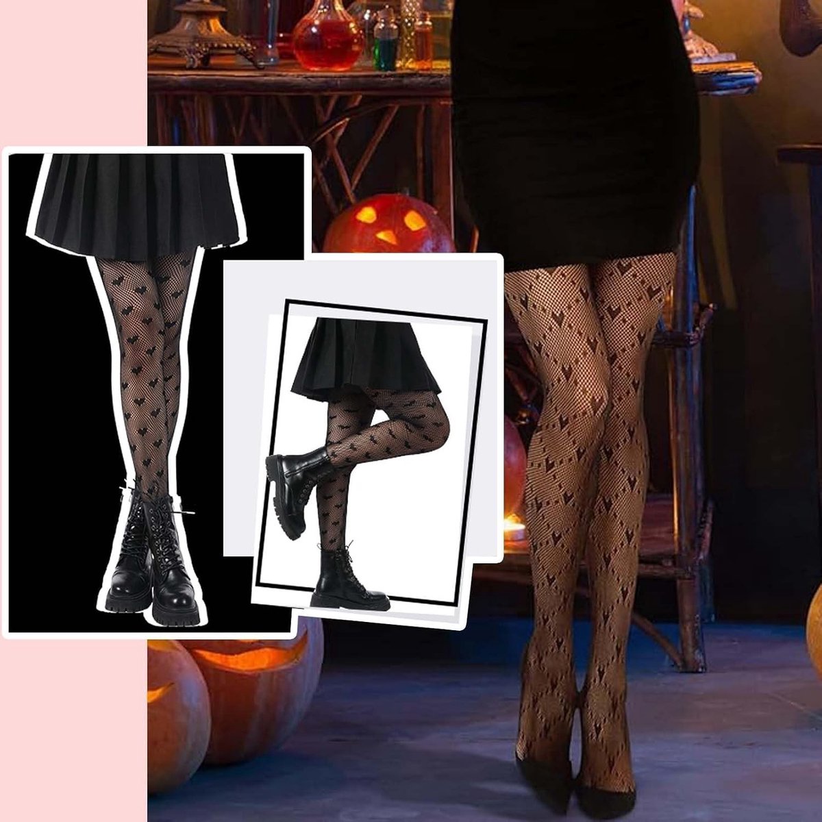 Set van 3 Zwarte Halloween Visnet Kousen - Sexy Dames Kousen met Grafisch Ontwerp, Hoge Elasticiteit en Strapless Design