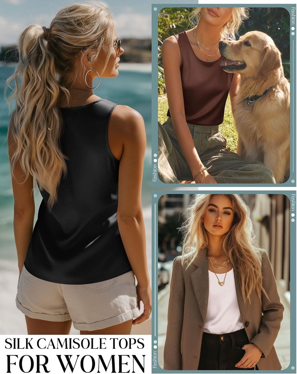 Set van 3 Satin Tanktops voor Dames - Zijden Camisole zonder Mouwen met Ronde Hals voor Zomer, Werk en Casual Gebruik