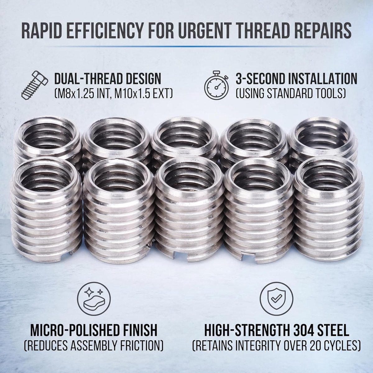 10Pcs Inner M8 * 1.25 Outer M10 * 1.5 Long 12mm Bottom Hole 1cm Stainless Steel Insert Nut Repair Sleeve Threaded - ShopVlot