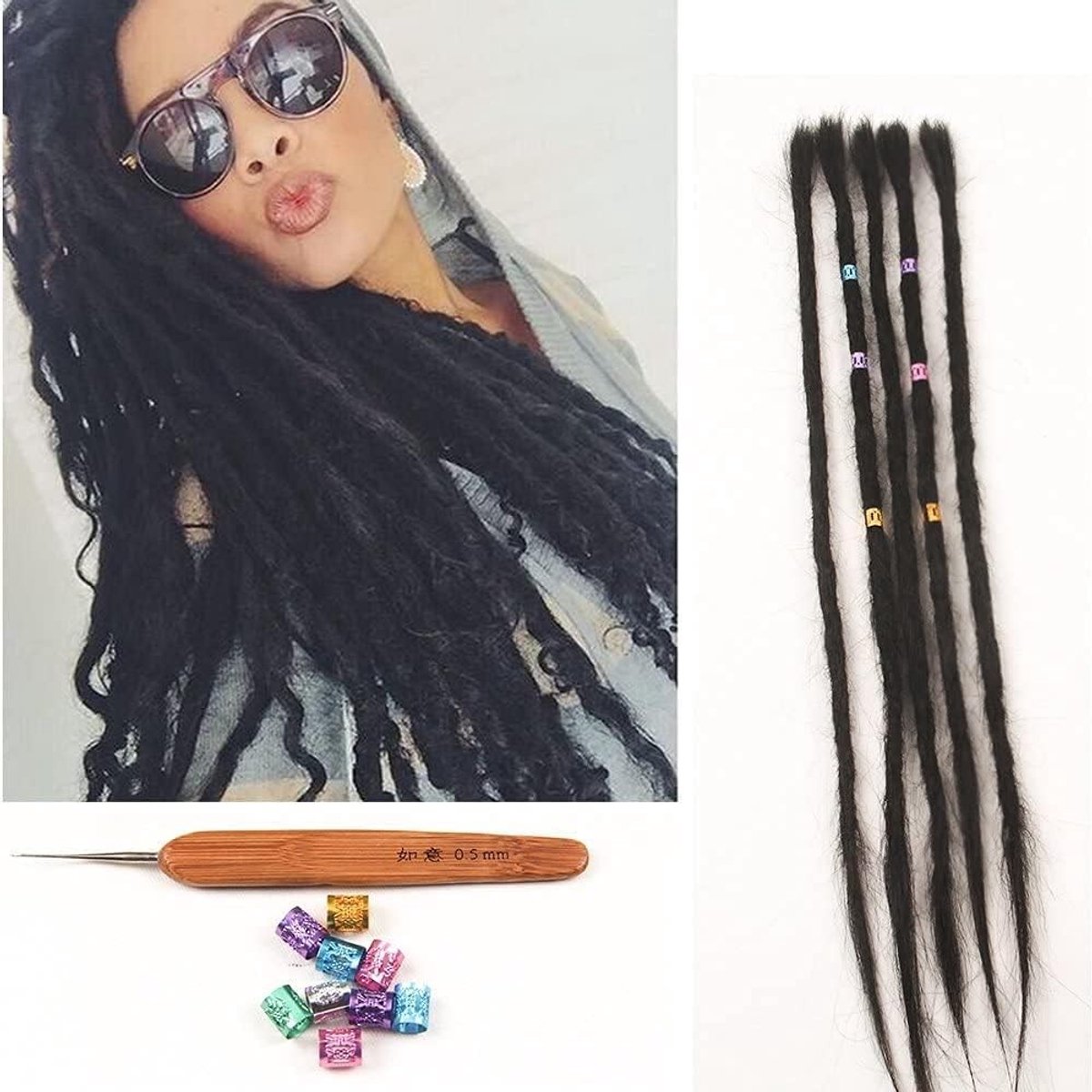 Handgemaakte Dreadlock Extensions van 20 inch - 5 Strengen per Pakket - Natuurlijke Zwarte Dreadlocks voor Mannen en Vrouwen, Perfect voor Haarstyling en Creatieve Looks