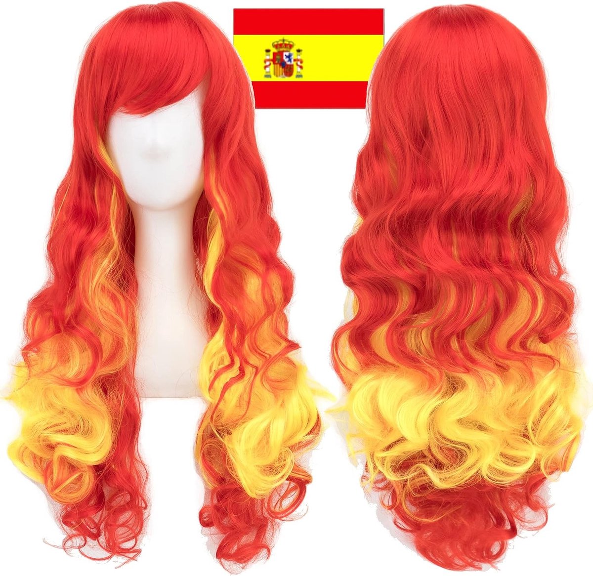 Vlagkleurige Cosplay Peruk met Pony voor Halloween Kostuum, Rood Geel Rood Design