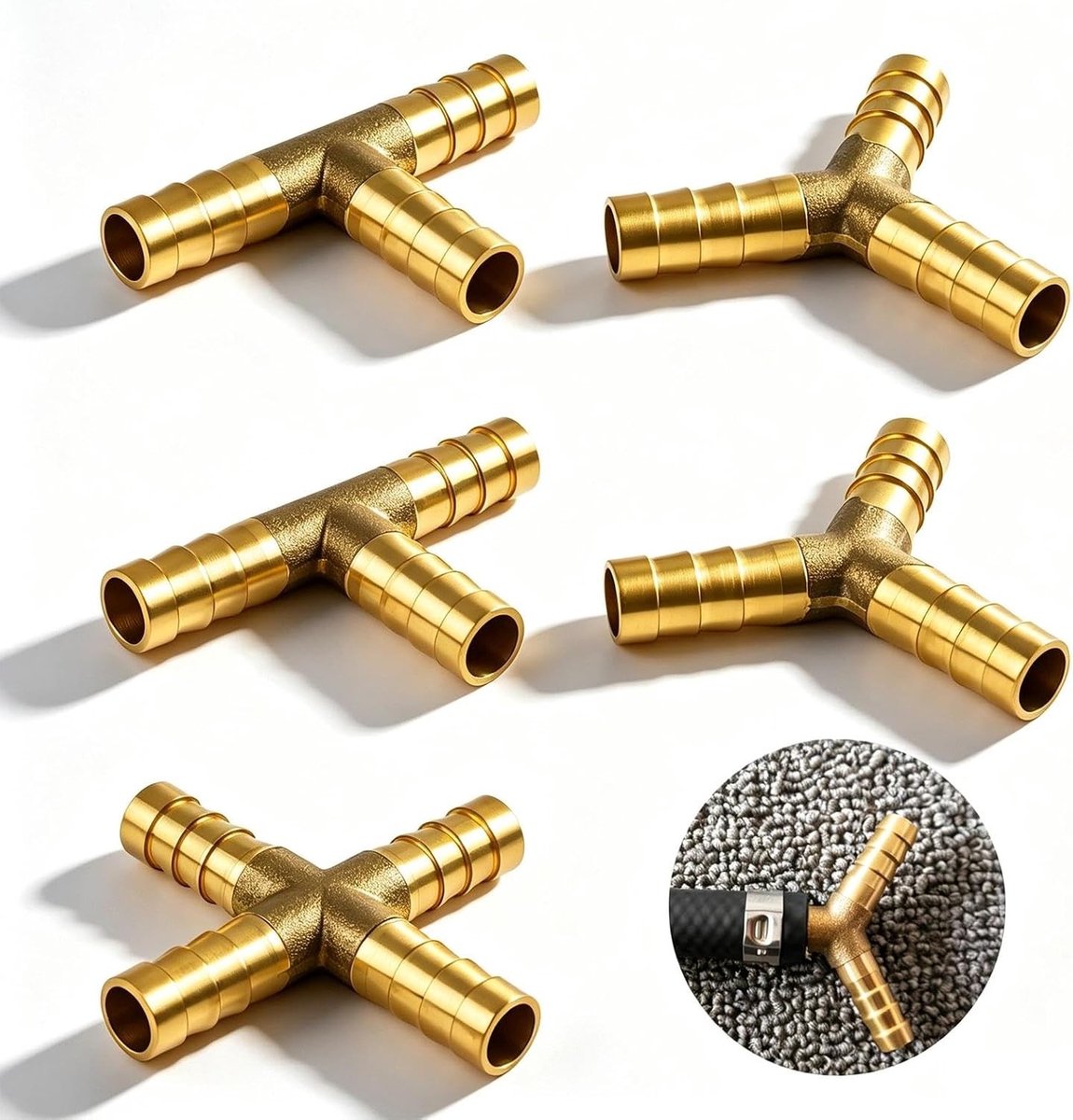 Set van 5 stuks 8mm Messing Brandstofslangverbinders, 3/4 Weg Brandstofslang met Steekconnector voor Brandstof, Water en Gasolie, 3 Stijlen