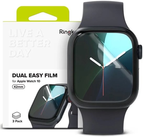 Apple Watch 10 42mm met donkergrijze band, met screenprotector, naast de verpakking. Op de verpakking staat 'Ringke', 'LIVE A BETTER DAY', 'DUAL EASY FILM'.