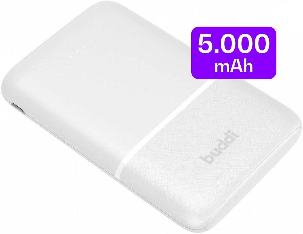 Buddi Go Powerbank | 5.000 mAh | Reisformaat | Compact | Klein | Ultra Dun | 2.4A USB-C en USB-A | Universele Powerbank voor o.a. Samsung / iPhone | Wit