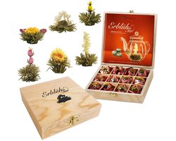 Creano theebloemen cadeauset in houten theekist, 12 stuks, 6 soorten witte thee