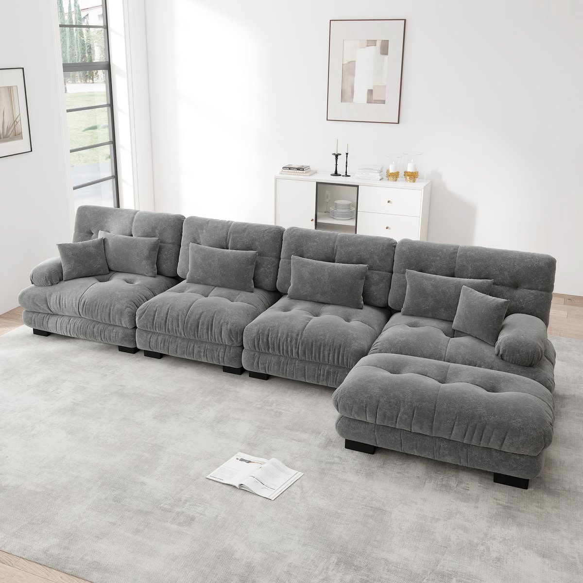 DESMIU Hoekbank 406 x 145 x 81 cm - Modulaire 4-Zits Met Verplaatsbare Ottoman - Voor Woonkamer En Lounge - Chenille Grijs