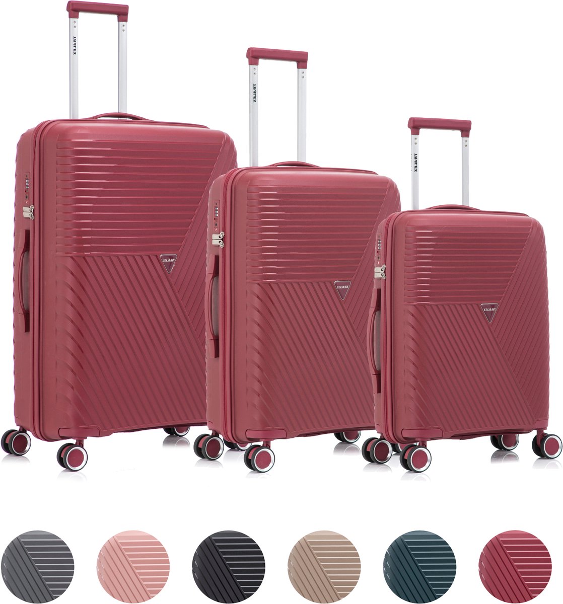 TRALEX - Voyager - 3 Delig kofferset - Handbagage 42L - Medium koffer 67L & Grote koffer 97L - Polypropyleen - Harde schaal - TSA-slot - Lichtgewicht - Flexibel - Duurzaam - Stille (rubberen) wielen - Dubbele spinnerwielen - Wine Red