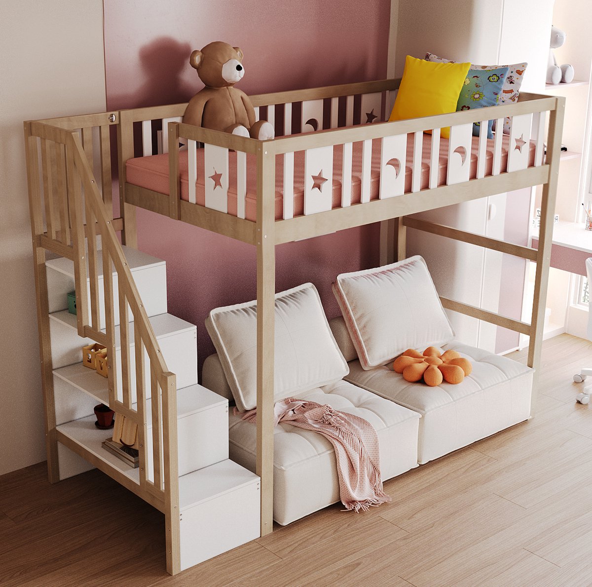 COVREO Bedframe 90x200 cm wit/naturel met opbergtrap, zonder matras