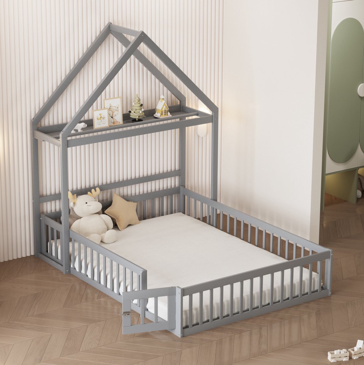 COVREO Kinderbed 140x200 cm - grijs, met lattenbodem, opbergruimte en uitvalbeveiliging
