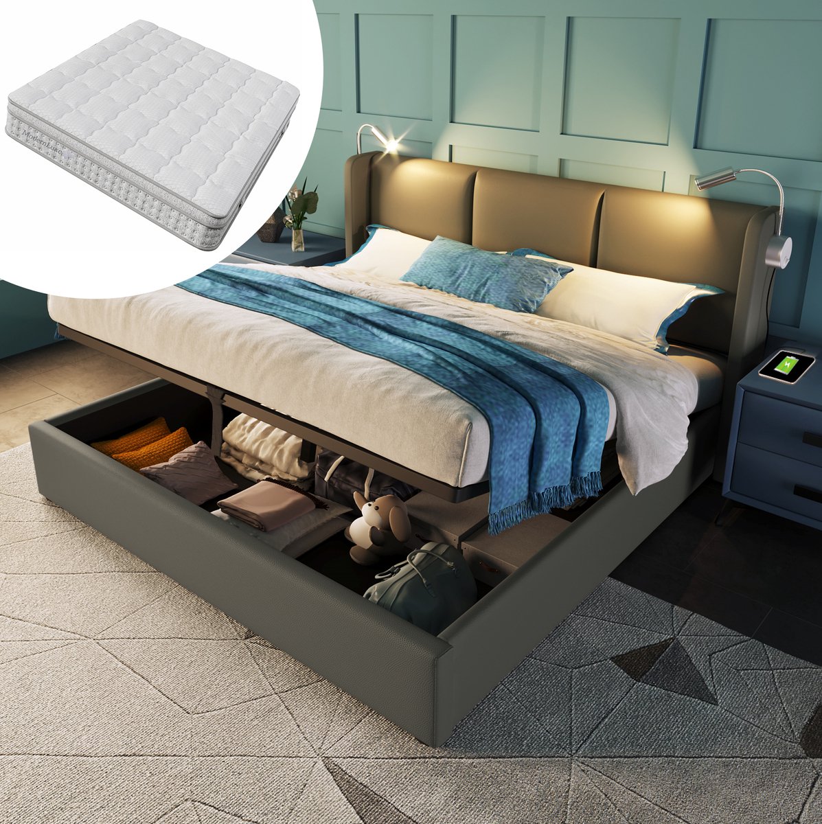 COVREO Gestoffeerd tweepersoonsbed met opbergruimte, bedframe, oplaadbaar leeslampje, hoofdbord, opbergbed, PU-bedframe, 160x200mm kinderbed met lattenbodem (matras inbegrepen). Gray