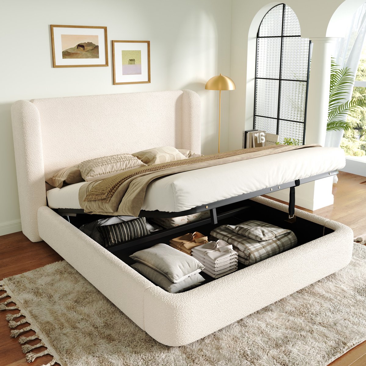 COVREO Bed 160x200 cm beige bouclé met opbergruimte zonder matras