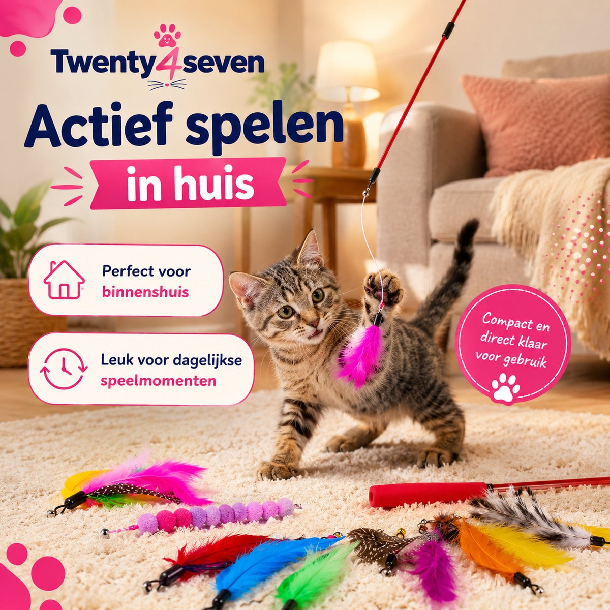 Twenty4seven® Kattenhengel Set 12-Delig - 2 Hengels met Verwisselbare Opzetstukken - Kattenspeelgoed Interactief - Speelgoed voor Katten & Kittens thumbnail 3