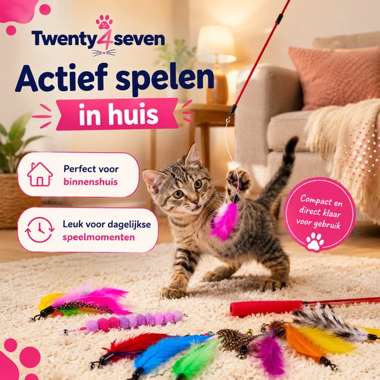 Kitten speelt actief binnenshuis met een roze veer aan een hengel. Compact en gebruiksklaar.