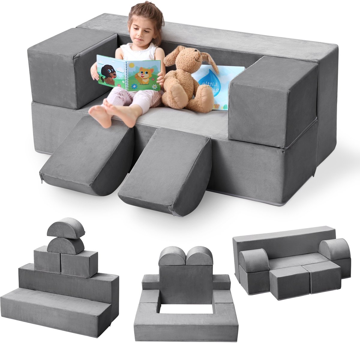 6-Delige Modulaire Speelbank voor Kinderen - Opvouwbare Kinderbank - Speelkussen Set - Zachte & Wasbare Hoes - 100x40cm - Grijs