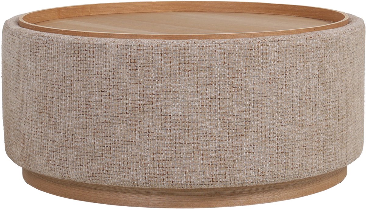 DÉJA Living Salontafel Marcia Taupe/Naturel – Rond – Met Opbergruimte – Chenille en Essenfineer – 83x83x40 cm