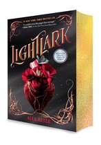 Boekcover van Lightlark met een gouden hart versierd met rode bloemen, met gouden belettering en gouden bladgoud aan de zijkant.