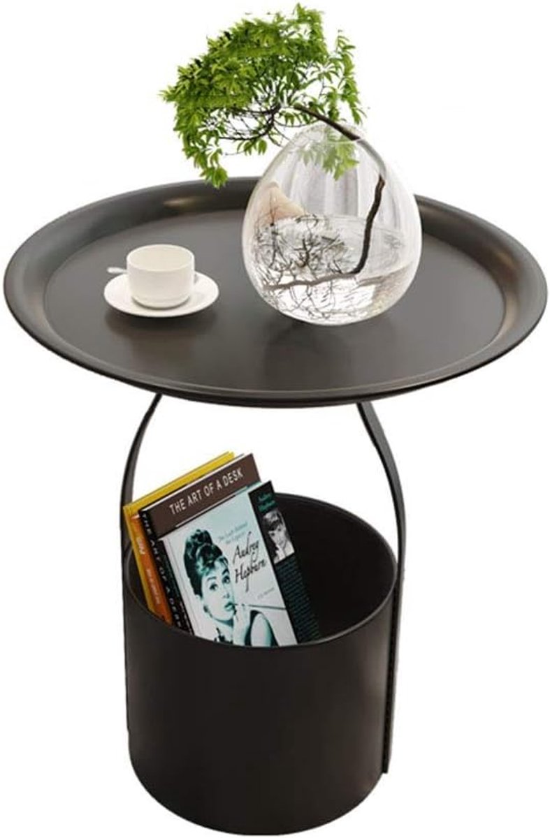 Sofa bijzettafel - Kleine salontafel - Woonkamer organiseren - Met stoffen opbergmand - 50x50cm - Zwart