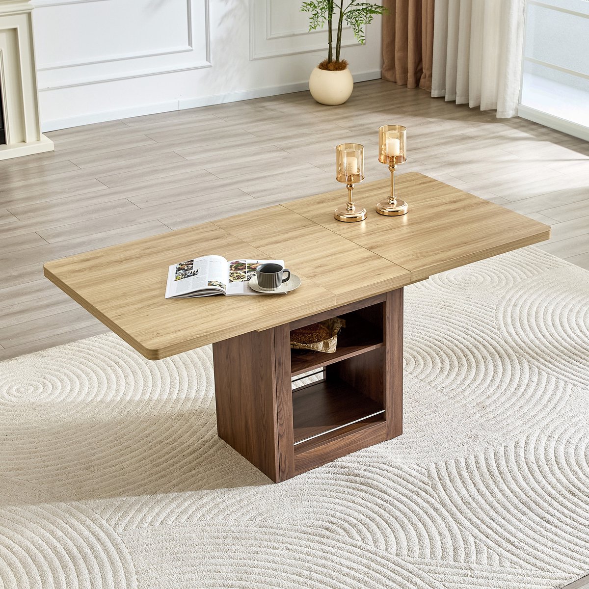 OKWISH Uitschuifbare Eettafel - Met Opbergvakken - Voor 4 Tot 8 Personen - MDF Houtlook Walnoot - 130 Tot 160 x 80 cm Natuurlijk Hout, Walnoot