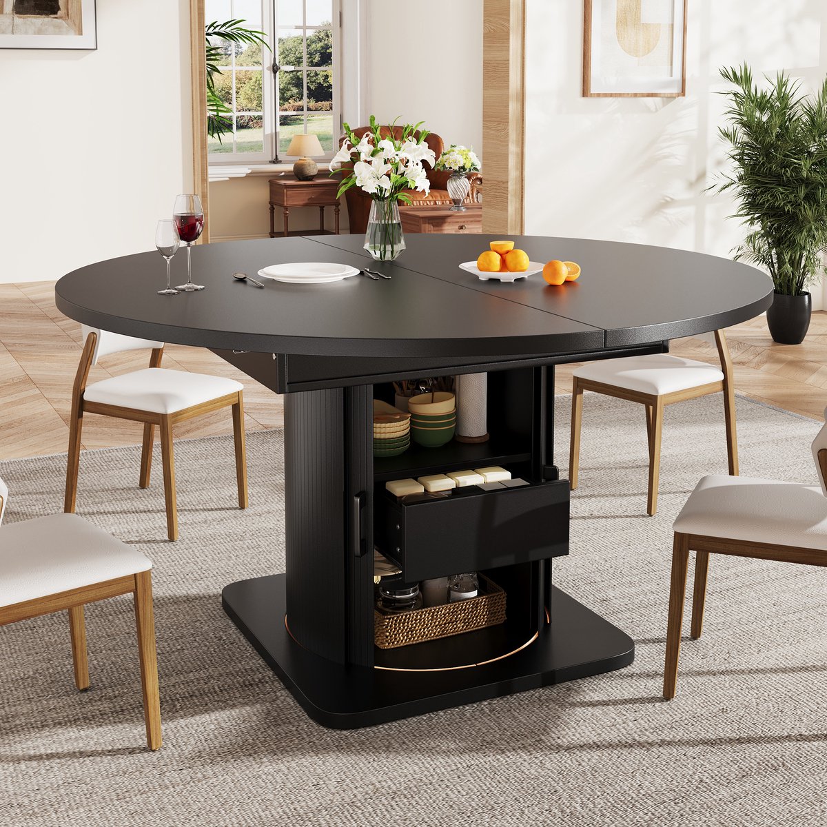 MODENUIT Eettafel - Uitschuifbaar Rond Naar Ovaal Met Lade - Voor Eetkamer En Werkkamer - MDF - 118-158x118x76 Cm - Zwart