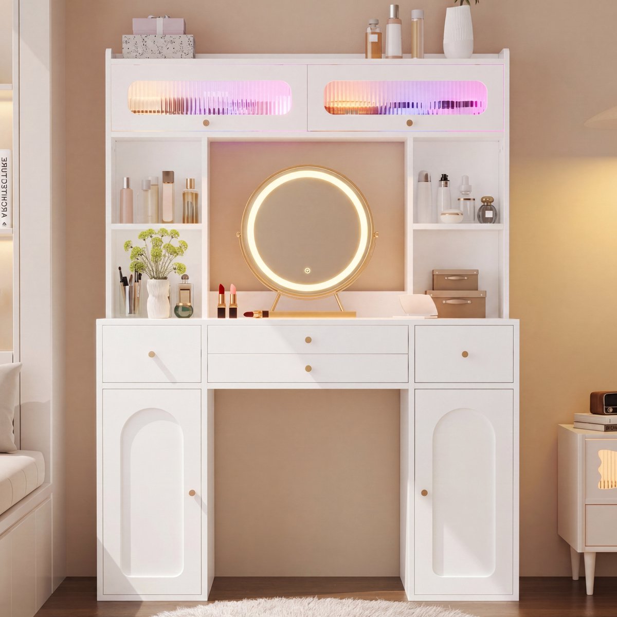 STILVORA Kaptafel - Met Ledverlichting En Ronde Spiegel - Met 4 Laden En Opbergruimte - Bamboe MDF Glas - 120x40x160 cm - Wit