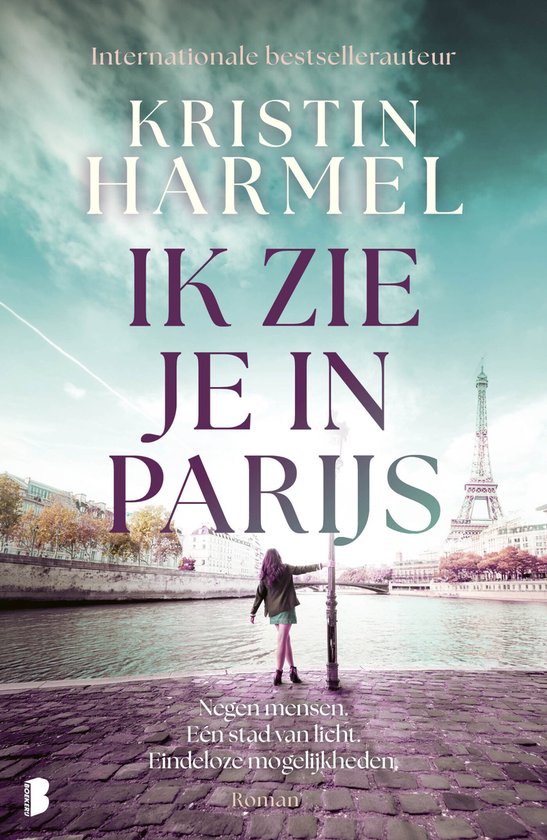 Boekomslag met Eiffeltoren, water en een vrouw die naar de stad kijkt. Tekst: "Ik zie je in Parijs".