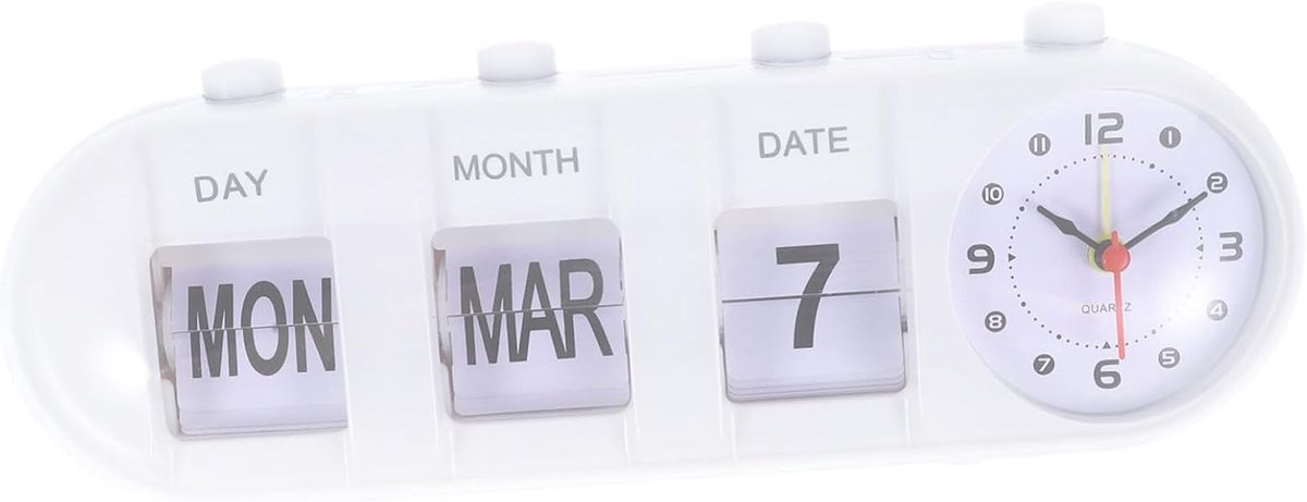 Bureaukalender Klok - Eeuwigdurende Kalender - Datum Bijhouden - Handmatig Omklapbaar - 26.5x10x9 cm - Wit