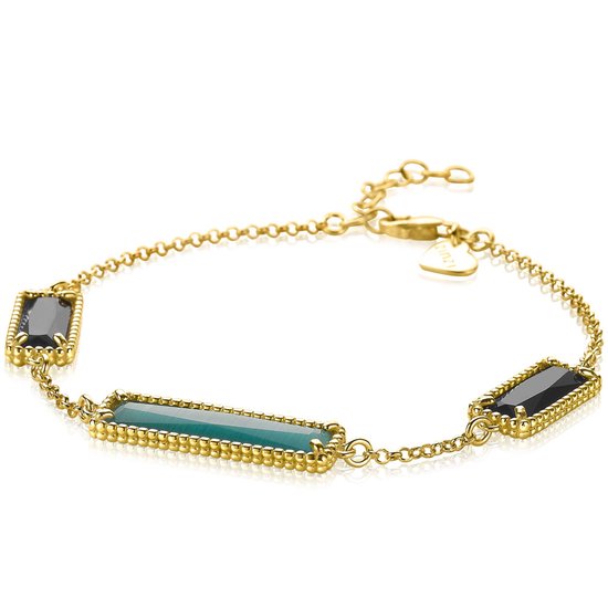 Gouden armband met drie rechthoekige steentjes, waarvan twee zwart en één groen.