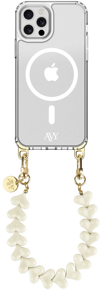 AVY Hoesje geschikt voor Apple iPhone 12 / 12 Pro | Compatibel met MagSafe | Clear Case met Telefoonkoord 30CM | Polsband Cupid Beige